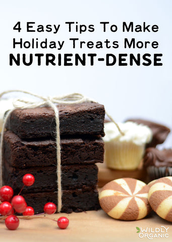 A stack of brownies tied with twine beside holiday treats and red berries, with a health tip headline