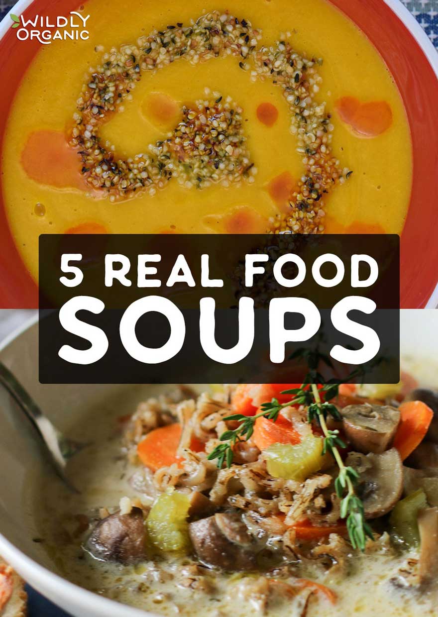 Photo of two bowls of real food soups, highlighting comforting and nutritious recipes for cooler weather.