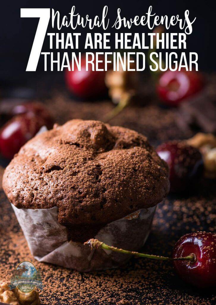 A chocolate muffin surrounded by cherries with a text overlay 7 natural sweeteners that are healthier than refined sugar.