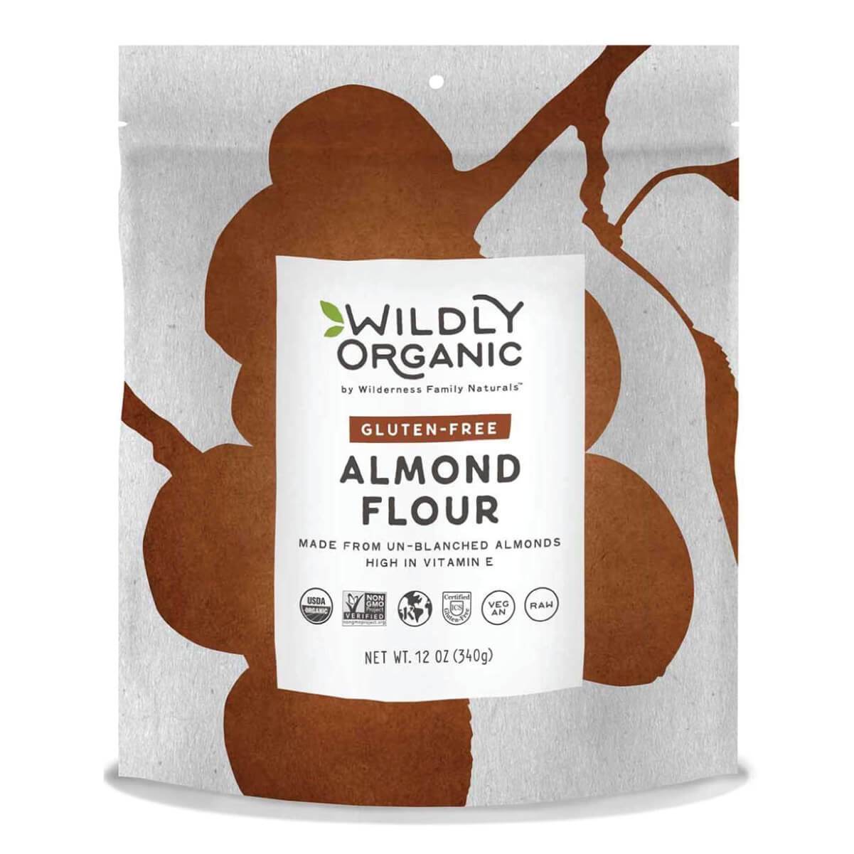 Package of Wildly Organic gluten-free almond flour with certification logos and almond design