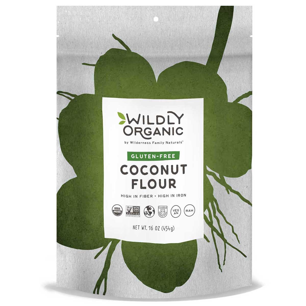 Package of Wildly Organic gluten-free coconut flour with health certification logos