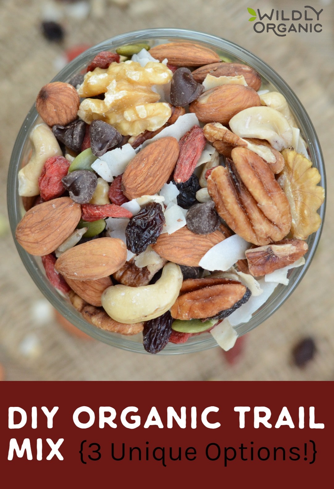 Top down image of trail mix in a clear glass container