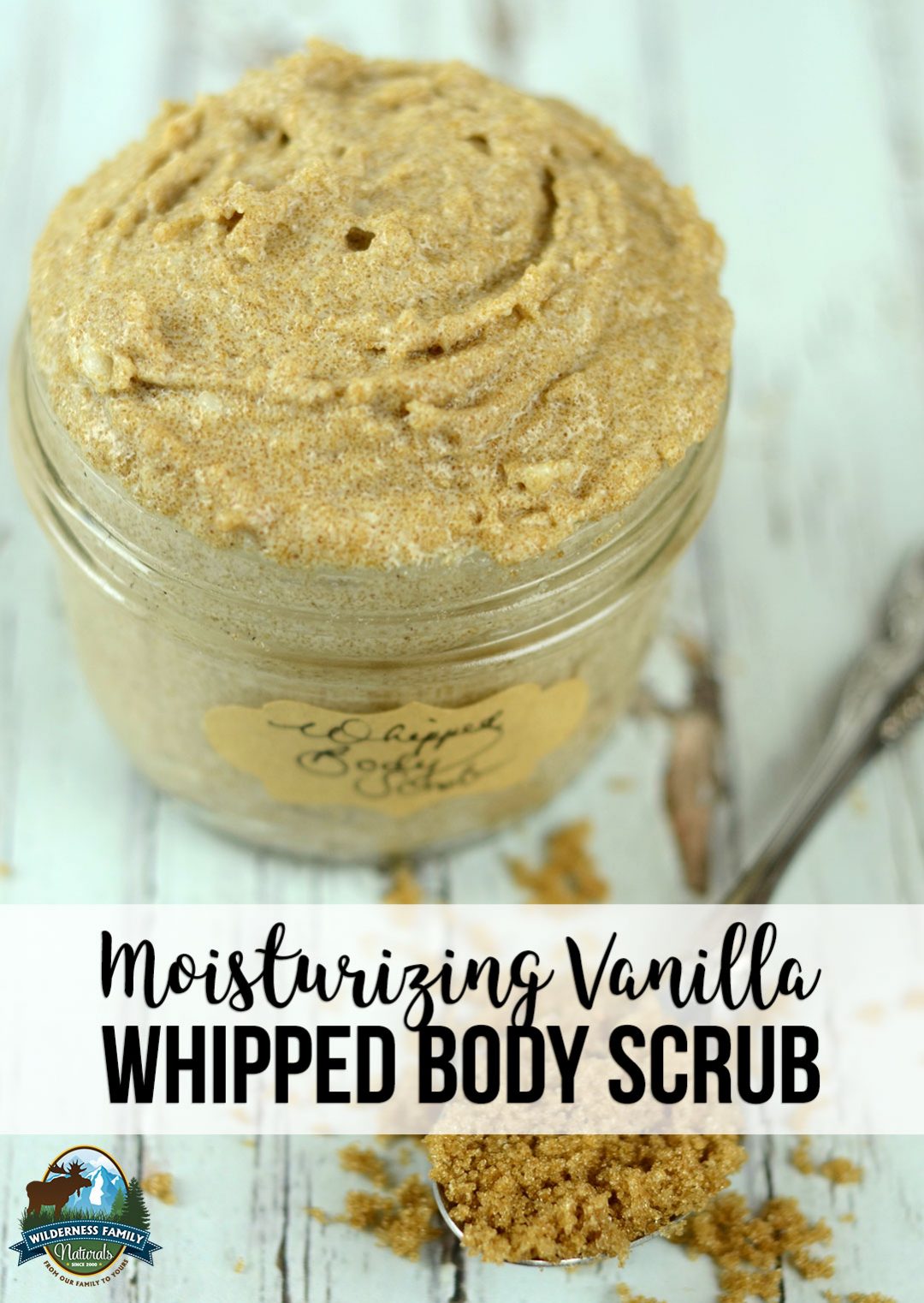 Jar of moisturizing vanilla whipped body scrub with text: Moisturizing Vanilla Whipped Body Scrub.