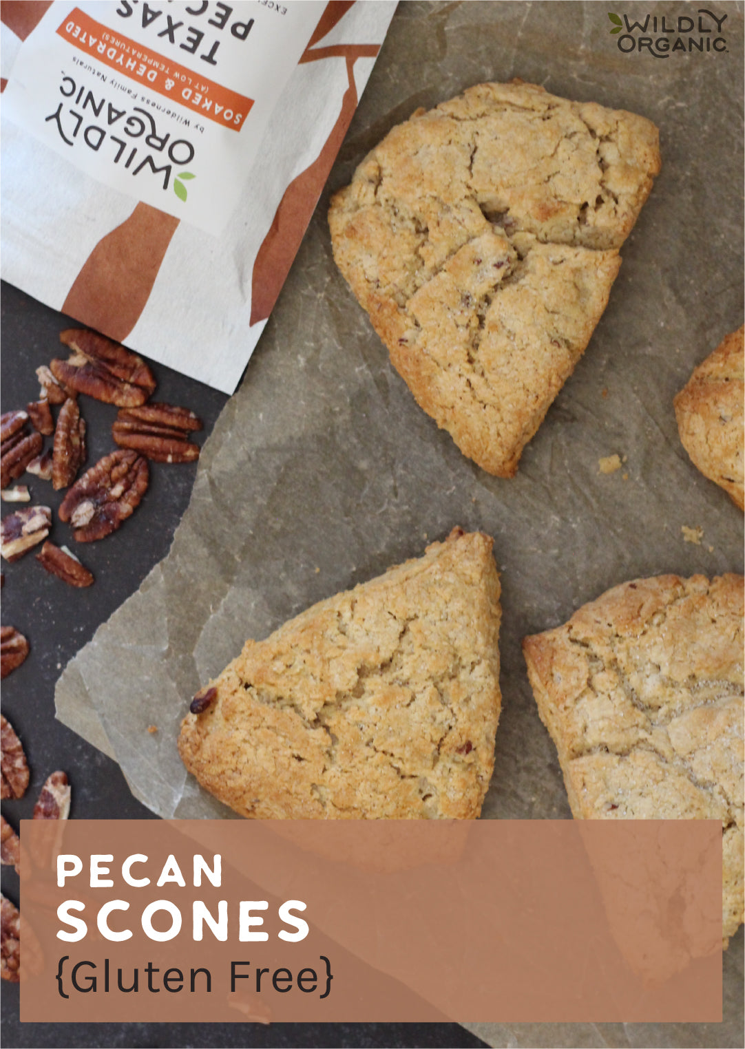 Pecan Scones {Gluten-Free} pecan scones on a tabletop with Wildly Organic packaging in the background