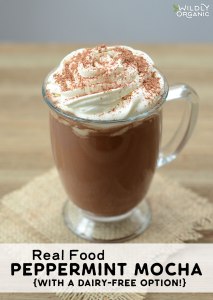 A glass cup of hot chocolate with whipped cream Real Food Peppermint Mocha {with a dairy-free option!}