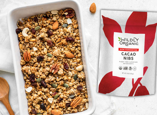 Unfermented cacao nibs in granola