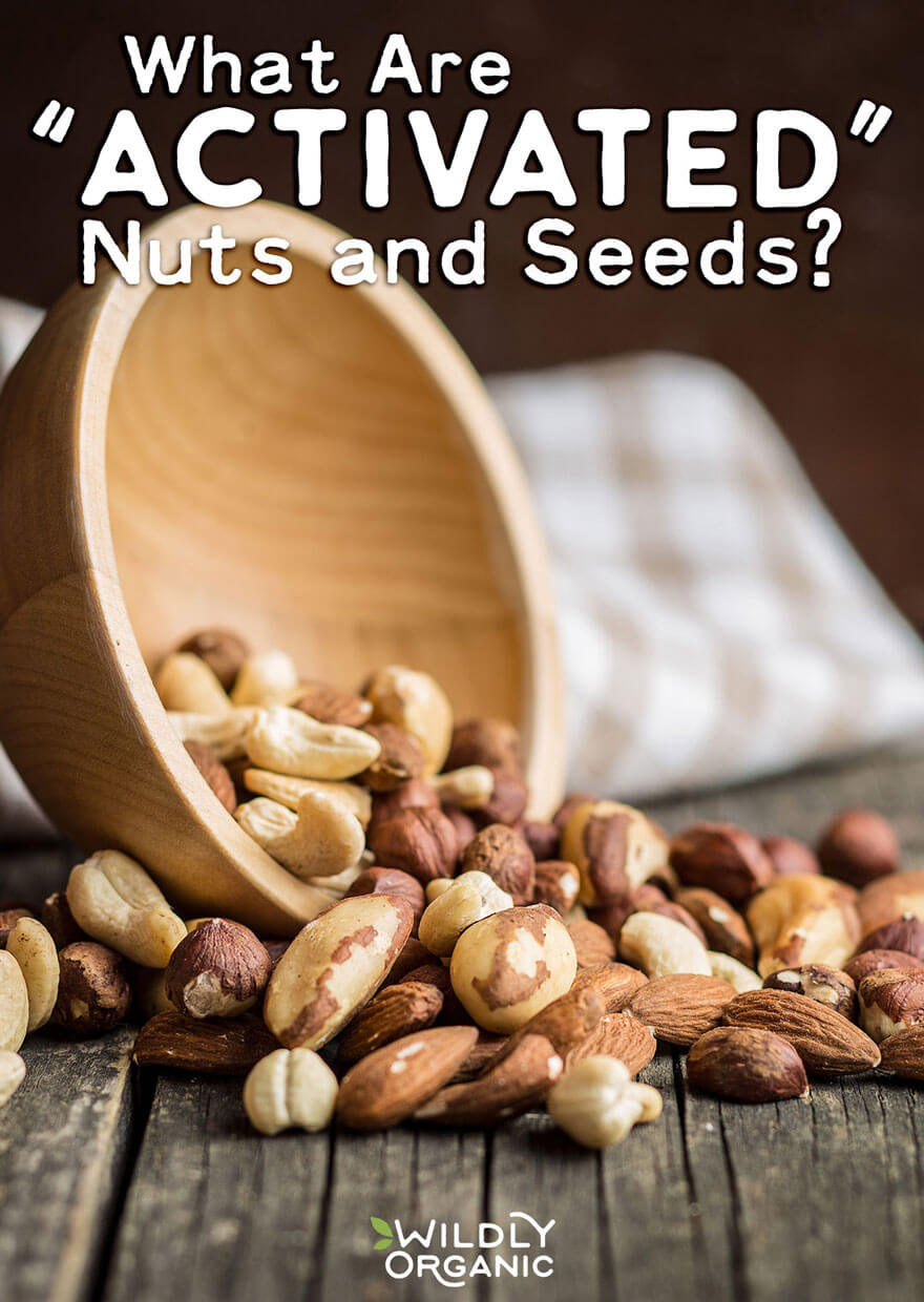 A variety of nuts and seeds spilling from a wooden scoop with text What Are ACTIVATED Nuts and Seeds?
