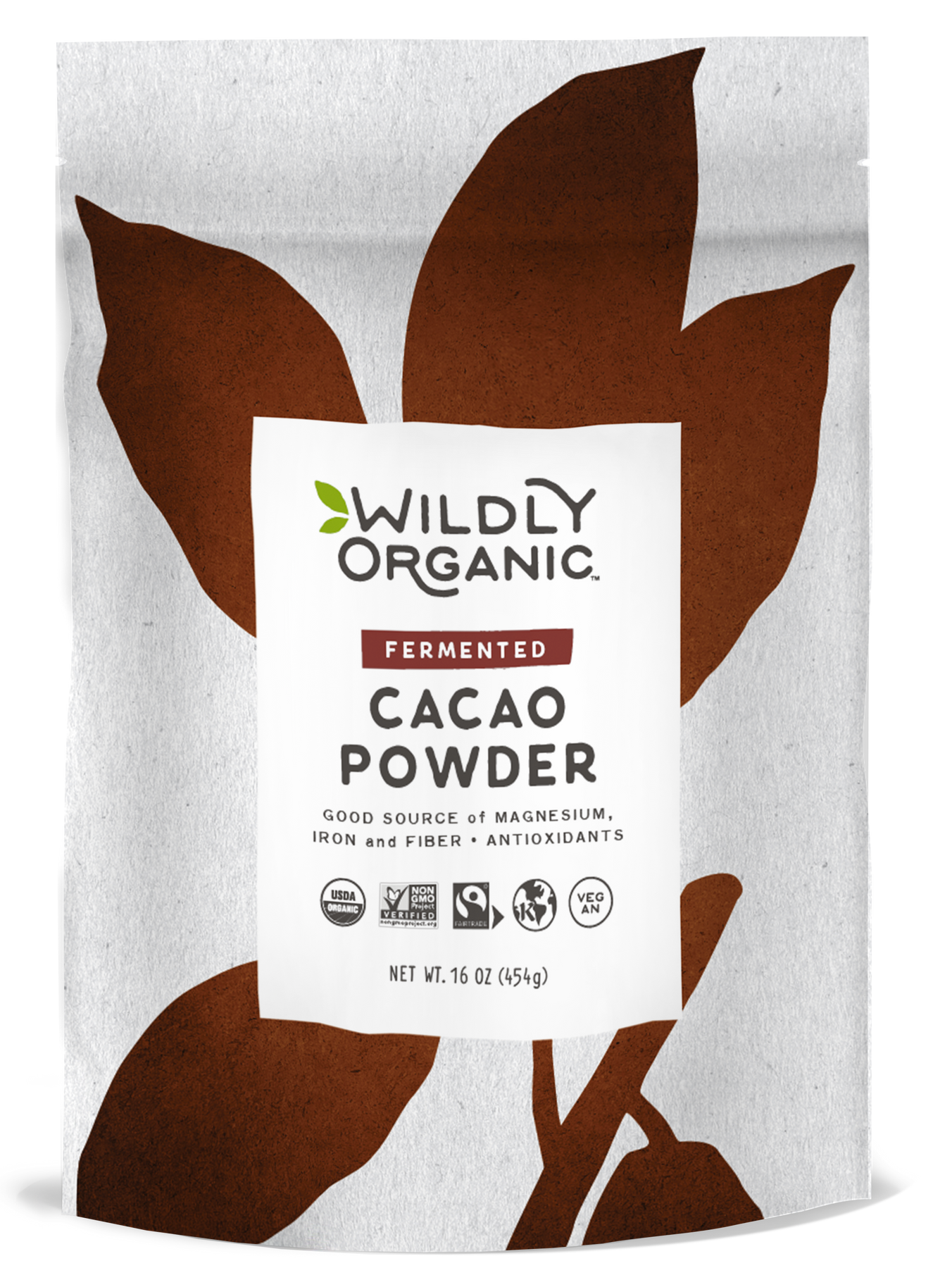Packet of Wildly Organic Fermented Cacao Powder, 16 oz, with organic and vegan labels